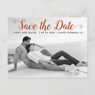 Modern rust script wedding Save the Date photo Postcard