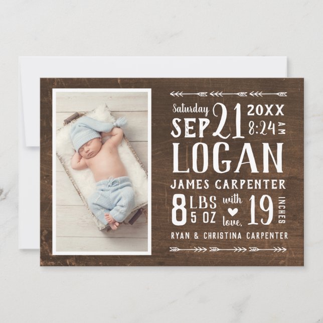 Modern Rustic 2 Photo Birth Announcement (Front)