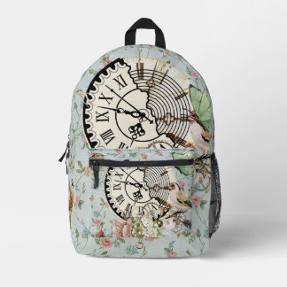 Modern rustic antique clock Blue floral pattern Printed Backpack