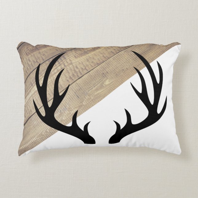 Modern Rustic Barn Wood & Black Antlers Decorative Cushion (Front)