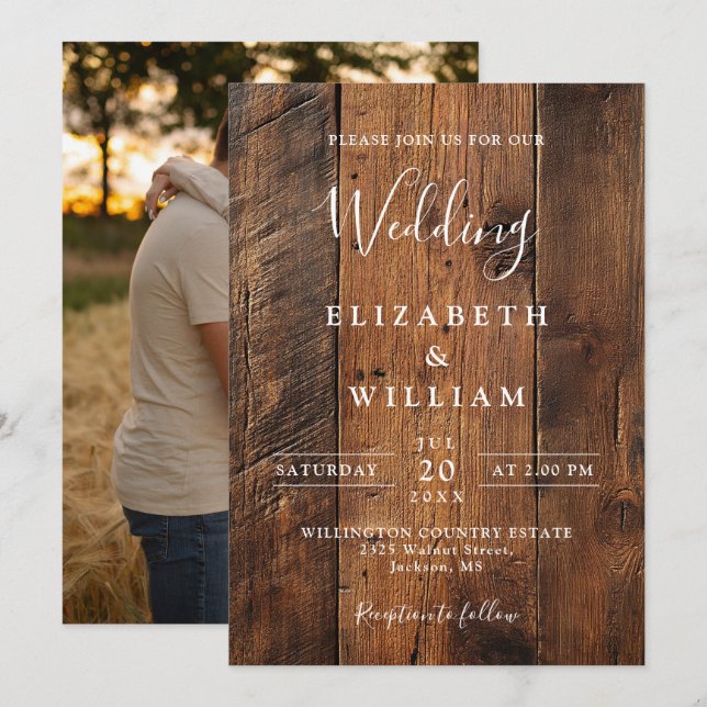Modern Rustic Barn Wood Photo Wedding Invitation (Front/Back)