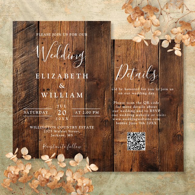 Modern Rustic Barn Wood Wedding QR Code Invitation (Modern Rustic Barn Wood Wedding QR Code Invitation)