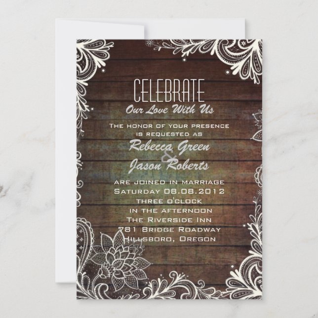 modern rustic barnwood lace country wedding invitation (Front)