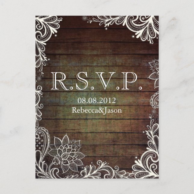 modern rustic barnwood lace country wedding RSVP Invitation Postcard (Front)