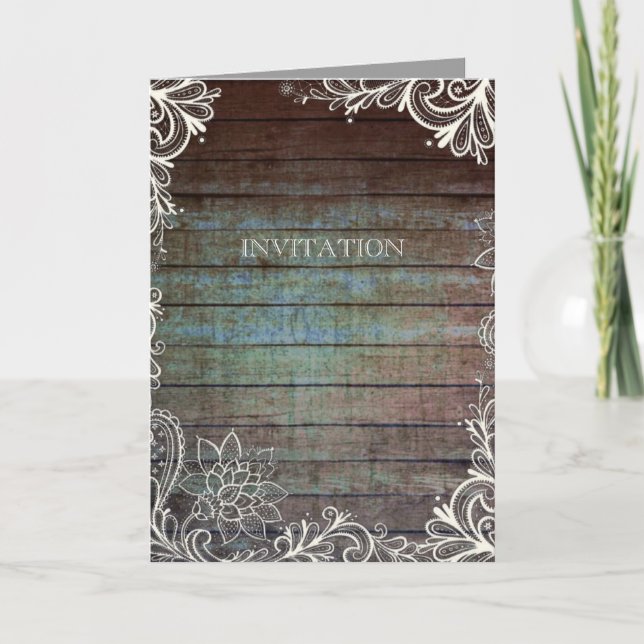 modern rustic barnwood lace wedding invitation (Front)