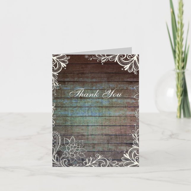modern rustic barnwood lace wedding thank you (Front)