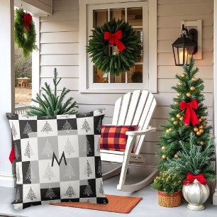 Modern rustic black and white pine trees monogram cushion