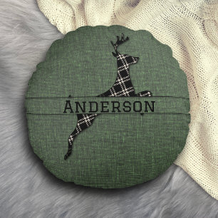 Modern Rustic Black And White Plaid Deer Round Cushion