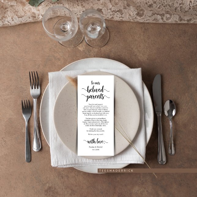 Modern Rustic, Black, Place Setting Thank You Card (Wedding Dinner Place Setting Thank You Card, for Our Beloved Parents, in Modern Rustic themed)