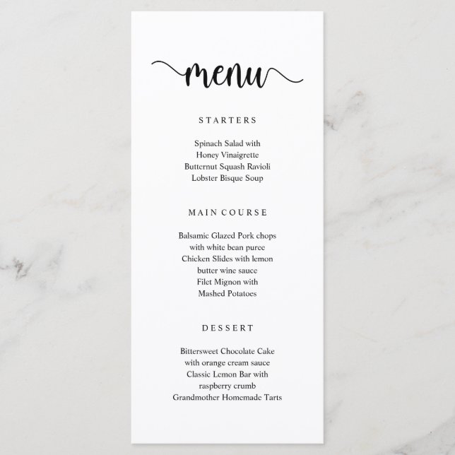 Modern Rustic Black Script, Wedding Dinner Menu (Front)
