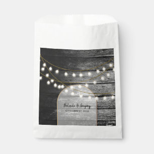 Modern Rustic Black Wood Gold Lights Arch Wedding Favour Bags