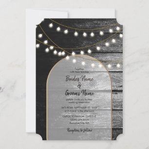 Modern Rustic Black Wood Gold Lights Arch Wedding Invitation