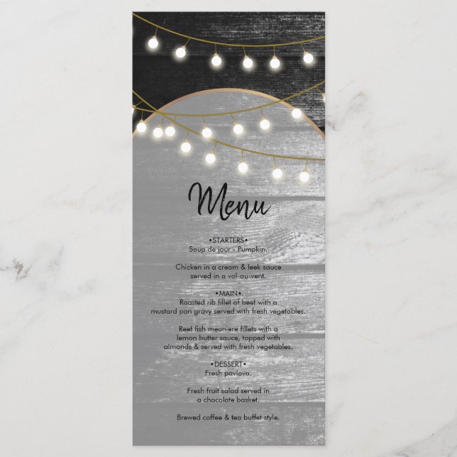 Modern Rustic Black Wood Gold Lights Arch Wedding Menu (Front)