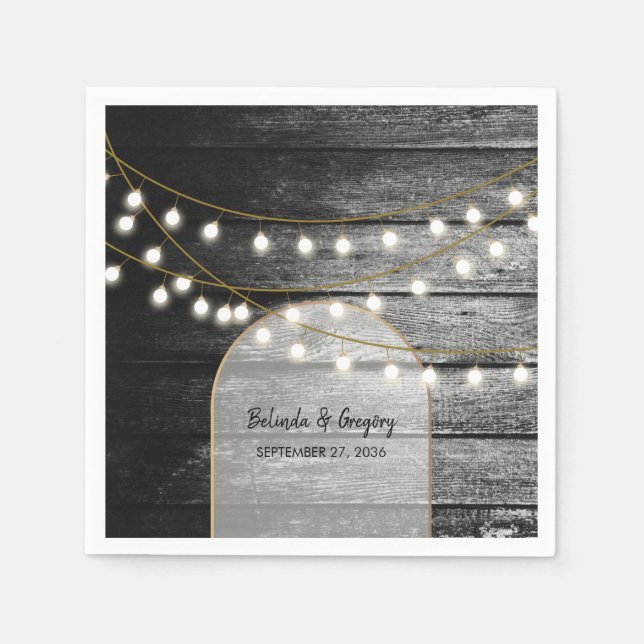 Modern Rustic Black Wood Gold Lights Arch Wedding Napkin (Front)
