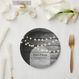 Modern Rustic Black Wood Gold Lights Arch Wedding Paper Plate
