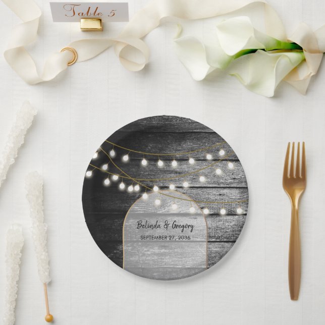 Modern Rustic Black Wood Gold Lights Arch Wedding Paper Plate (Wedding)