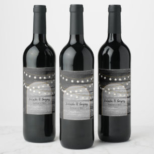 Modern Rustic Black Wood Gold Lights Arch Wedding Wine Label