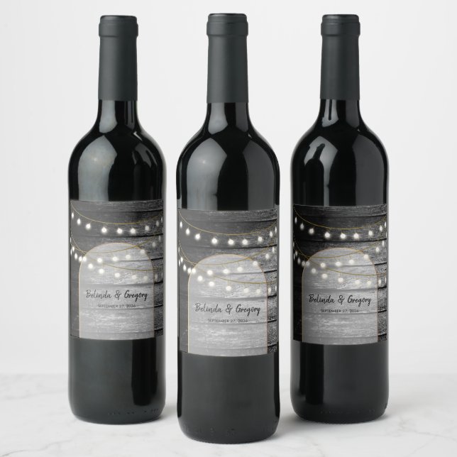 Modern Rustic Black Wood Gold Lights Arch Wedding Wine Label (Bottles)