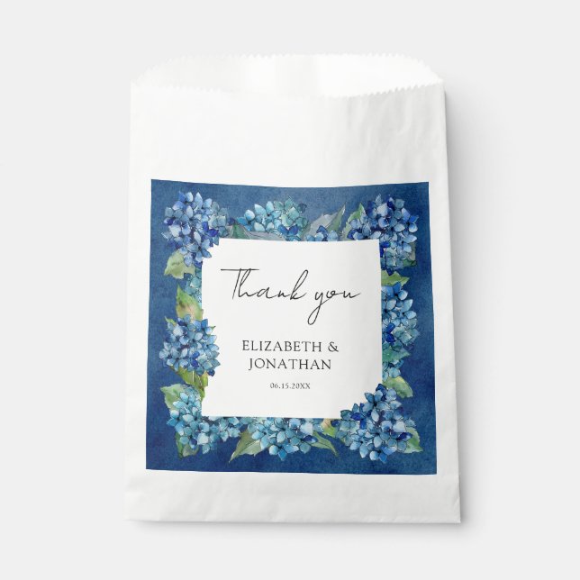 Modern Rustic Blue Hydrangeas Floral Wedding Favour Bags (Front)