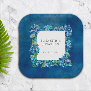 Modern Rustic Blue Hydrangeas Floral Wedding Paper Plate