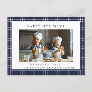 Modern Rustic Blue Plaid Family Photo Christmas  P Postcard