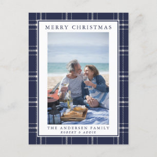 Modern Rustic Blue Plaid Photo Christmas Card