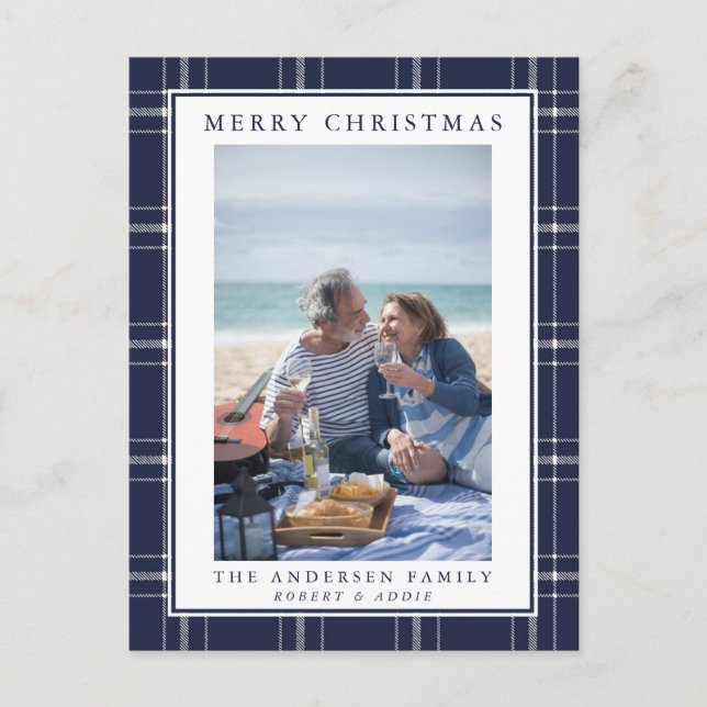 Modern Rustic Blue Plaid Photo Christmas Card (Front)