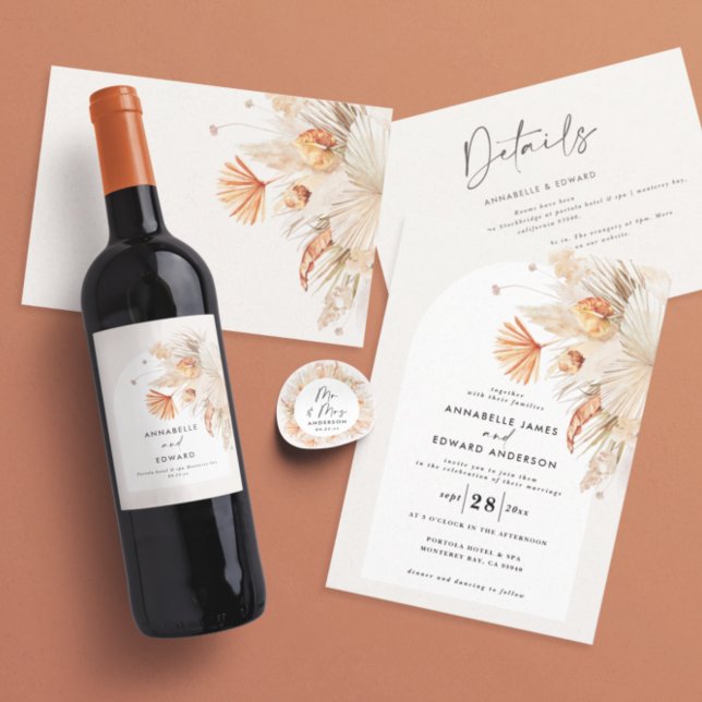 modern rustic bohemian pampas grass botanical wine label (Creator Uploaded)