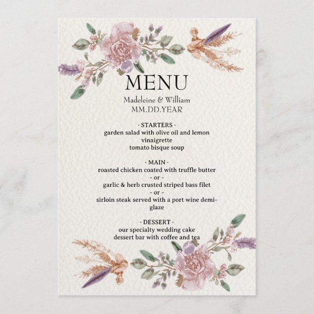 Modern Rustic Boho Elegant Wedding  Menu (Front)
