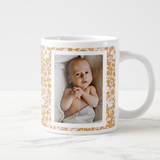 Modern Rustic Boho Floral Baby Custom Family Photo Large Coffee Mug (Right)