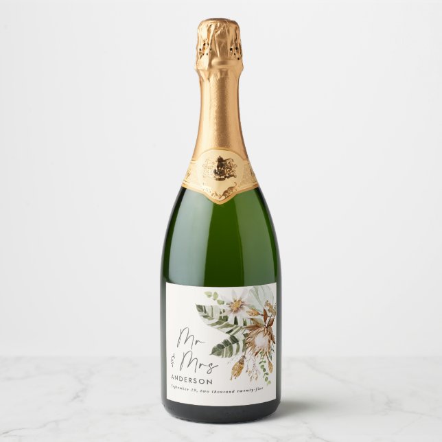Modern rustic botanical elegant tropical wedding c sparkling wine label (Front)