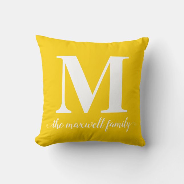 Modern Rustic Bright Yellow Monogram Family Script Cushion (Front)