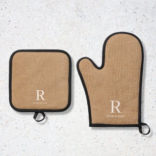 Modern Rustic Brown Burlap Family Name Monogram Oven Mitt & Pot Holder Set