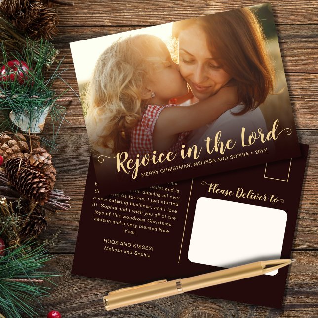 Modern Rustic Brown & Gold Religious Christmas Holiday Postcard (Religious Christmas postcard with family photo in a rustic color palette of gold and brown)