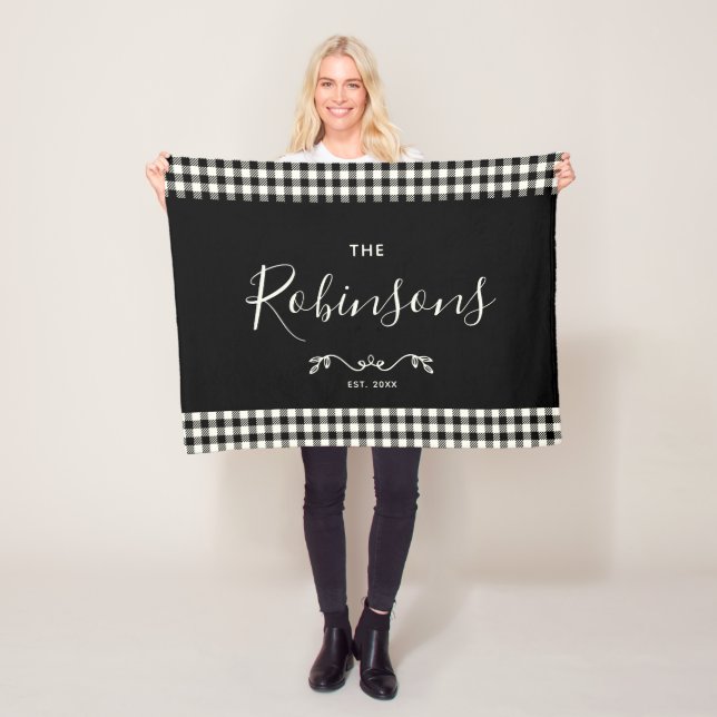 Modern Rustic Buffalo Check Plaid Family Script Fleece Blanket (In Situ)