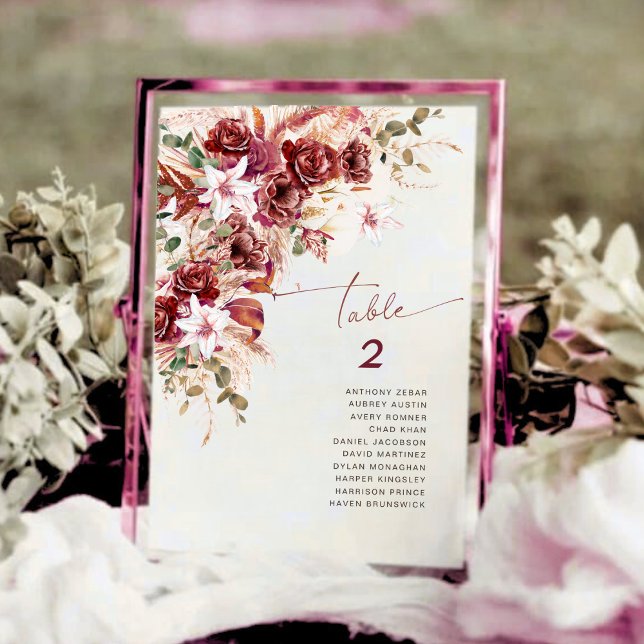 Modern Rustic Burgundy Blush Floral Table Number (Creator Uploaded)