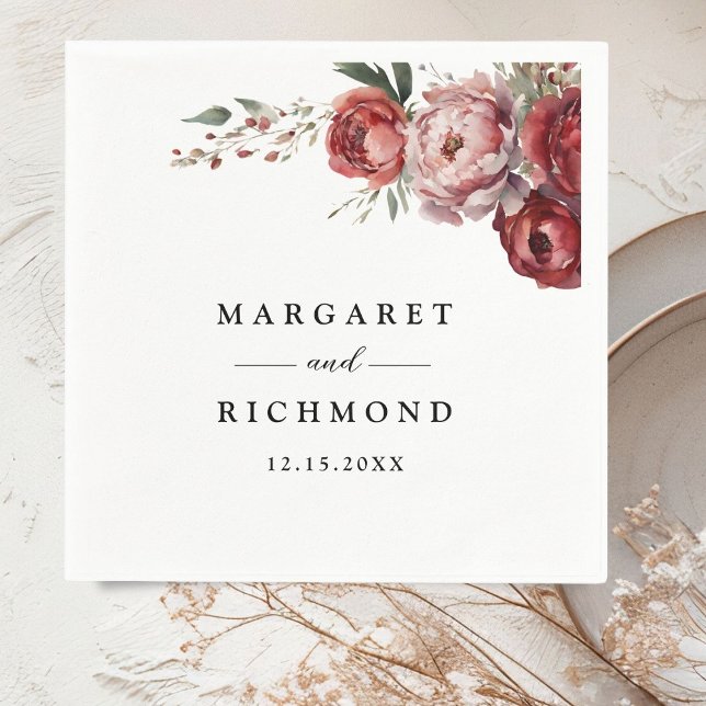 Modern Rustic Burgundy Blush Floral Wedding Paper Napkin (Creator Uploaded)