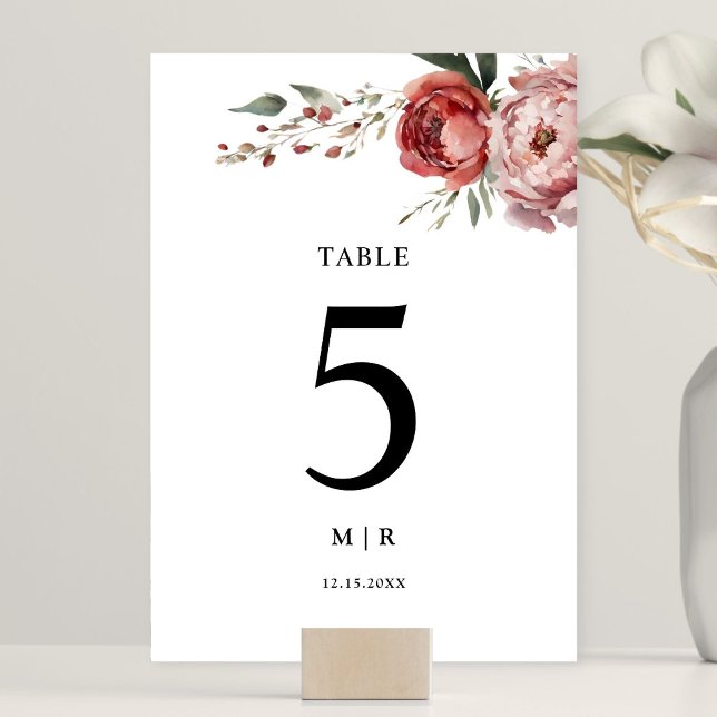 Modern Rustic Burgundy Blush Floral Wedding  Table Number (Creator Uploaded)