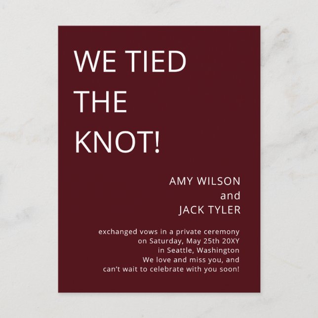 Modern Rustic Burgundy Wedding Announcement Postcard (Front)