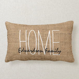 Modern rustic burlap Home family name script Lumbar Cushion