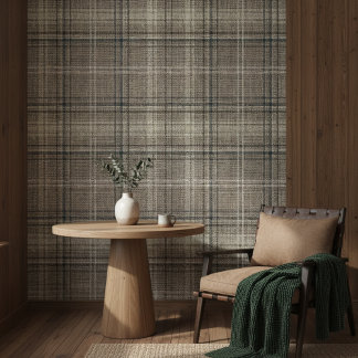 Modern Rustic Burlap Plaid Black Wallpaper