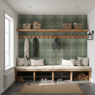 Modern Rustic Burlap Plaid Green Wallpaper