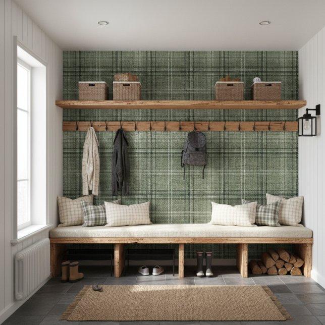 Modern Rustic Burlap Plaid Green Wallpaper (Creator Uploaded)
