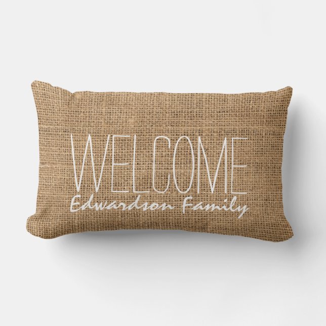Modern rustic burlap Welcome Family name Lumbar Cushion (Front)