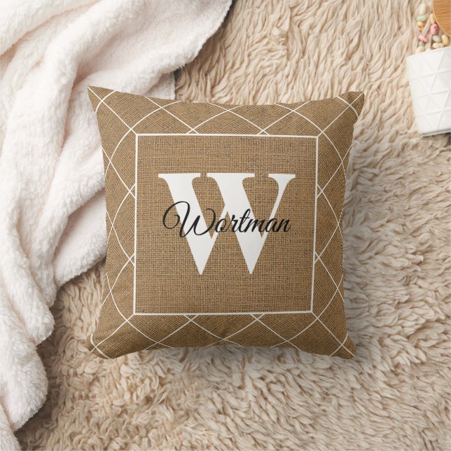 Modern Rustic Burlap White Monogram Cushion (Blanket)