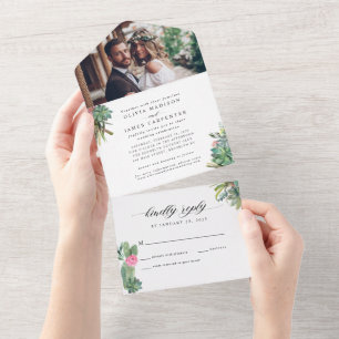 Modern Rustic Cactus Succulent Photo Boho Wedding All In One Invitation