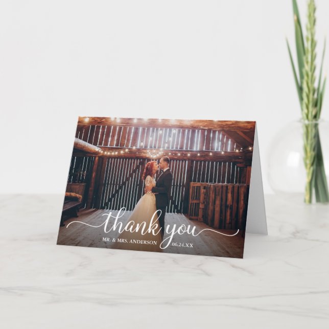 Modern Rustic Calligraphy Photo Wedding Fold Thank You Card (Front)