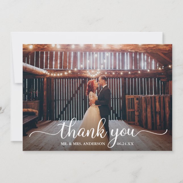 Modern Rustic Calligraphy Script Photo Wedding Thank You Card (Front)