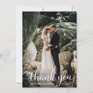 Modern Rustic Calligraphy Script Wedding Photo Thank You Card