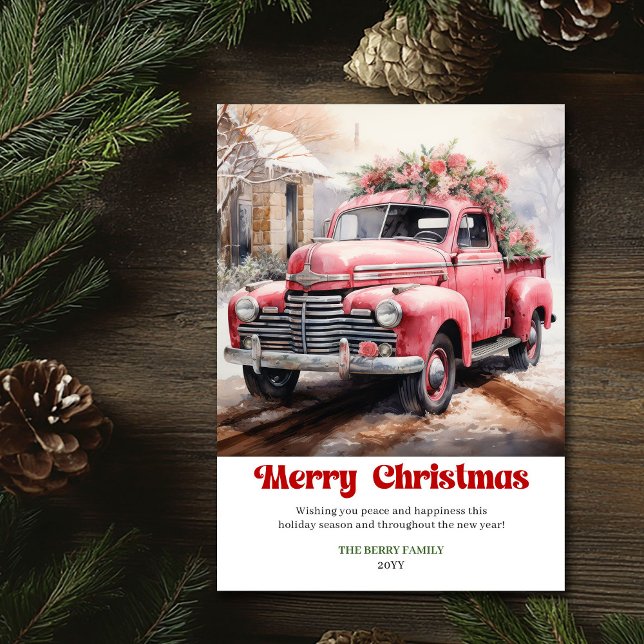 Modern rustic Christmas scene pink truck card art (Modern rustic Christmas scene pink car card art)
